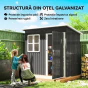 Outsunny Căsuță de Grădină 2,55m² din Oțel Zincat cu Kit de Fundație, Ușă Blocabilă, Acoperiș Înclinat, Gri | Aosom Romania 