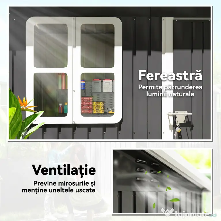 Outsunny Căsuță de Grădină 2,55m² din Oțel Zincat cu Kit de Fundație, Ușă Blocabilă, Acoperiș Înclinat, Gri | Aosom Romania
