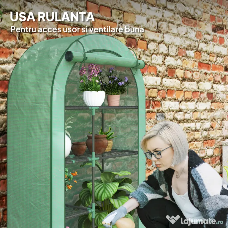 Outsunny Seră pentru Grădină cu 4 Niveluri, Ușă Batantă și 14 Catarame din Plastic, 100x45x160 cm, Verde | Aosom Romania