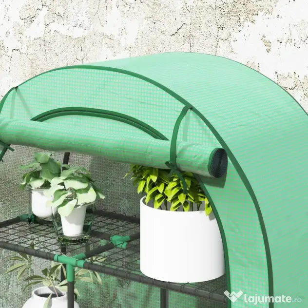 Outsunny Seră pentru Grădină cu 4 Niveluri, Ușă Batantă și 14 Catarame din Plastic, 100x45x160 cm, Verde | Aosom Romania