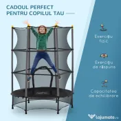 HOMCOM Trambulină Elastică pentru Copii 3-10 Ani cu Plasă de Siguranță și Țevi Capitonate, Ø140 x 190 cm, Negru | Aosom Romania 