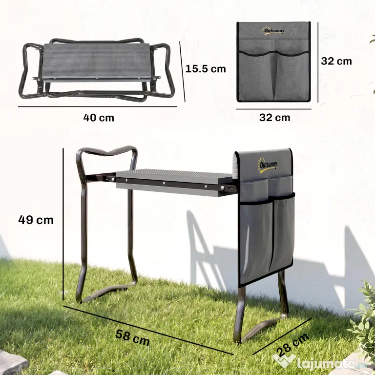 Outsunny Genuncheră și Bancă de Grădină Pliabilă 2 în 1, Culoare Verde Negru