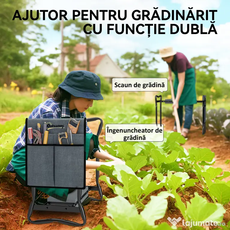 Outsunny Genuncheră și Bancă de Grădină Pliabilă 2 în 1, Culoare Verde Negru