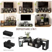 HOMCOM Mobilier TV modulabil pentru televizoare de până la 75" cu 2 rafturi în formă de L și poliță dreptunghiulară, din lemn, 134-180x30,5x44 cm, negru