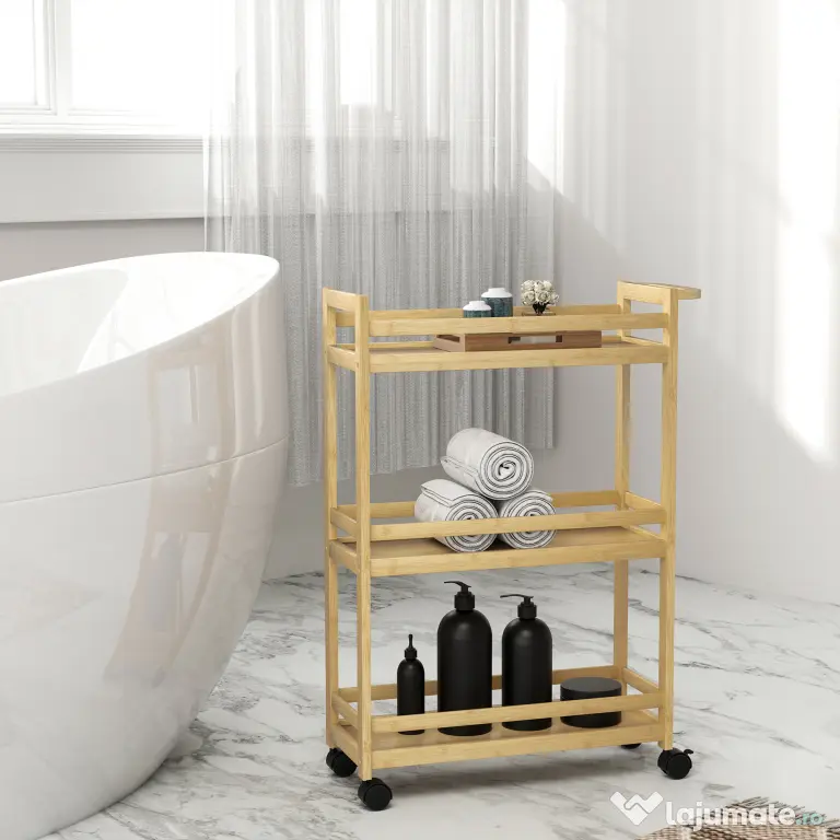 HOMCOM Raft de Baie din Bambus cu 3 Niveluri, Carucior Organizator cu Roți pentru Bucătărie, Baie, Living, 55 x 20 x 75 cm - Natural | Aosom Romania