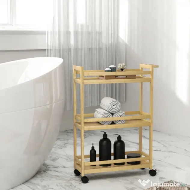 HOMCOM Raft de Baie din Bambus cu 3 Niveluri, Carucior Organizator cu Roți pentru Bucătărie, Baie, Living, 55 x 20 x 75 cm - Natural | Aosom Romania