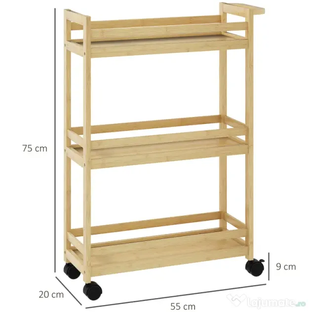 HOMCOM Raft de Baie din Bambus cu 3 Niveluri, Carucior Organizator cu Roți pentru Bucătărie, Baie, Living, 55 x 20 x 75 cm - Natural | Aosom Romania