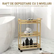 HOMCOM Raft de Baie din Bambus cu 3 Niveluri, Carucior Organizator cu Roți pentru Bucătărie, Baie, Living, 55 x 20 x 75 cm - Natural | Aosom Romania 