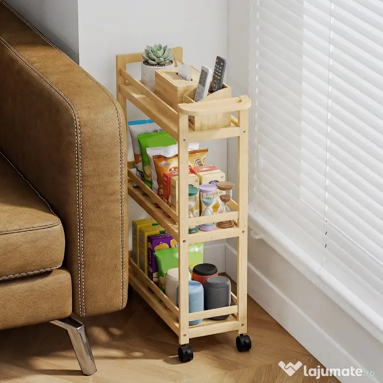 HOMCOM Raft de Baie din Bambus cu 3 Niveluri, Carucior Organizator cu Roți pentru Bucătărie, Baie, Living, 55 x 20 x 75 cm - Natural | Aosom Romania