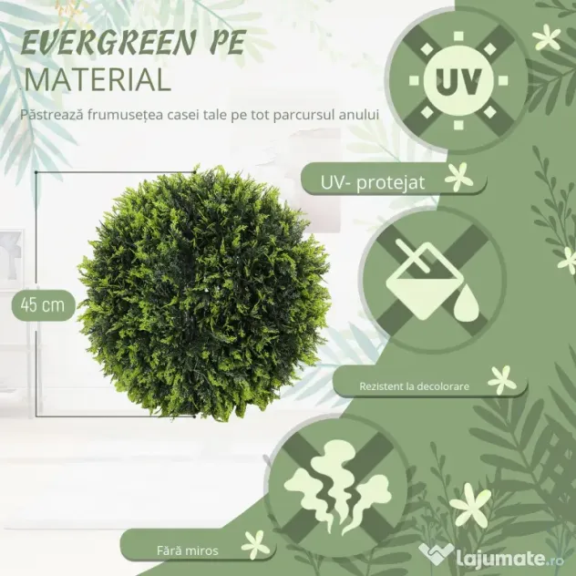 HOMCOM Set de 2 Plante Artificiale Rotunde cu Frunze de Cedru pentru Casă și Grădină Ø45 cm, Verde