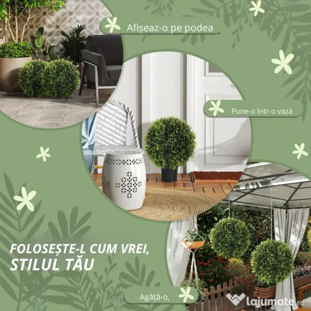 HOMCOM Set de 2 Plante Artificiale Rotunde cu Frunze de Cedru pentru Casă și Grădină Ø45 cm, Verde