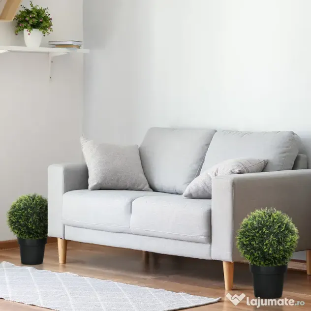 HOMCOM Set de 2 Plante Artificiale Rotunde cu Frunze de Cedru pentru Casă și Grădină Ø45 cm, Verde