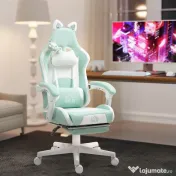 Scaun de Gaming Reclinabil HOMCOM cu Suport pentru Picioare și Perne, din Piele Artificială și Spumă, 65x62x116-124 cm, Albastru și Alb | Aosom Romania