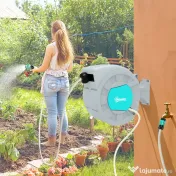 Outsunny Tambur Automat pentru Furtun, Montaj pe Perete și Portabil, Lungime 30+2 m, Sistem de Blocare și 7 Tipuri de Jeturi, Verde