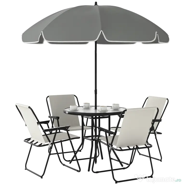 Outsunny Set de Mobilier de Grădină din 6 Piese cu Umbrelă de Soare, Masă și Scaune Pliante, Ф80x70 cm, Alb Crem | Aosom Romania