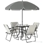 Outsunny Set de Mobilier de Grădină din 6 Piese cu Umbrelă de Soare, Masă și Scaune Pliante, Ф80x70 cm, Alb Crem | Aosom Romania