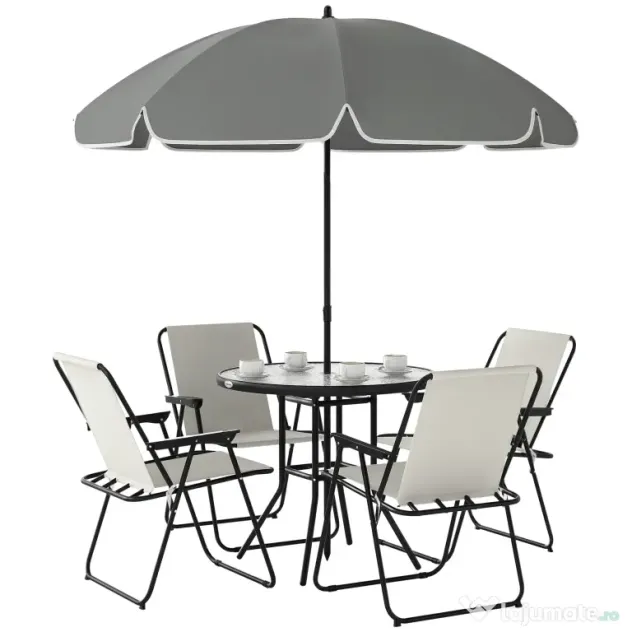 Outsunny Set de Mobilier de Grădină din 6 Piese cu Umbrelă de Soare, Masă și Scaune Pliante, Ф80x70 cm, Alb Crem | Aosom Romania