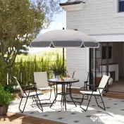 Outsunny Set de Mobilier de Grădină din 6 Piese cu Umbrelă de Soare,  Masă și Scaune Pliante, Ф80x70 cm, Alb Crem | Aosom Romania 
