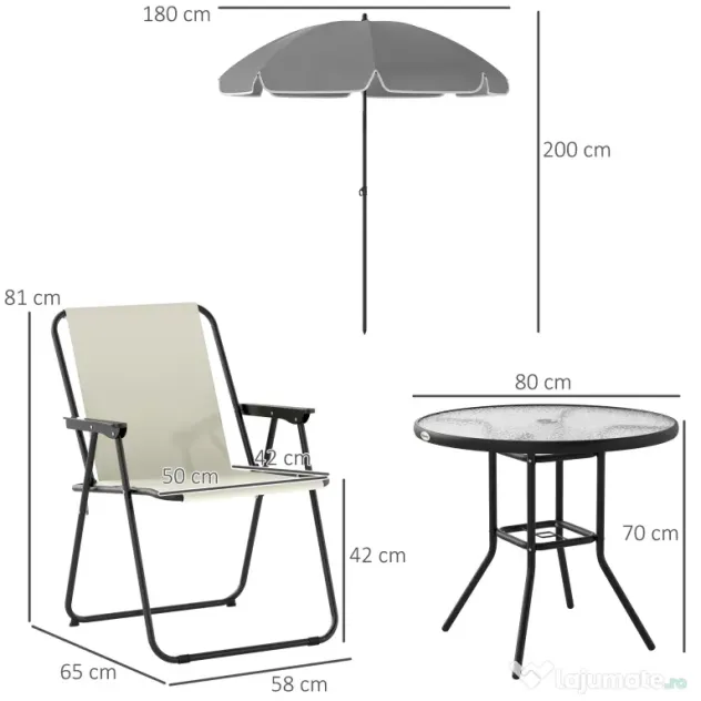 Outsunny Set de Mobilier de Grădină din 6 Piese cu Umbrelă de Soare, Masă și Scaune Pliante, Ф80x70 cm, Alb Crem | Aosom Romania