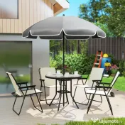 Outsunny Set de Mobilier de Grădină din 6 Piese cu Umbrelă de Soare,  Masă și Scaune Pliante, Ф80x70 cm, Alb Crem | Aosom Romania 