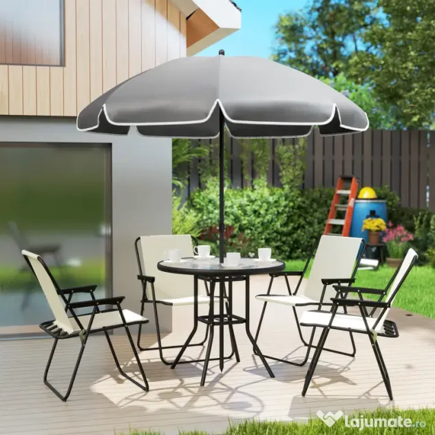 Outsunny Set de Mobilier de Grădină din 6 Piese cu Umbrelă de Soare, Masă și Scaune Pliante, Ф80x70 cm, Alb Crem | Aosom Romania