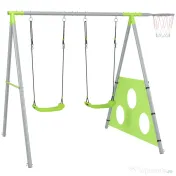 AIYAPLAY Leagăn de Grădină 3 în 1 pentru Copii 3-8 Ani cu Coș de Baschet și Poartă de Fotbal, 238x180x182 cm, Verde | Aosom Romania 