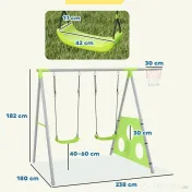 AIYAPLAY Leagăn de Grădină 3 în 1 pentru Copii 3-8 Ani cu Coș de Baschet și Poartă de Fotbal, 238x180x182 cm, Verde | Aosom Romania