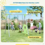 AIYAPLAY Leagăn de Grădină 3 în 1 pentru Copii 3-8 Ani cu Coș de Baschet și Poartă de Fotbal, 238x180x182 cm, Verde | Aosom Romania