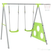 AIYAPLAY Set de Jocuri pentru Copii 3 în 1 cu Leagăn de Grădină, Coș și Poartă de Fotbal, 238x180x182 cm, Verde și Gri