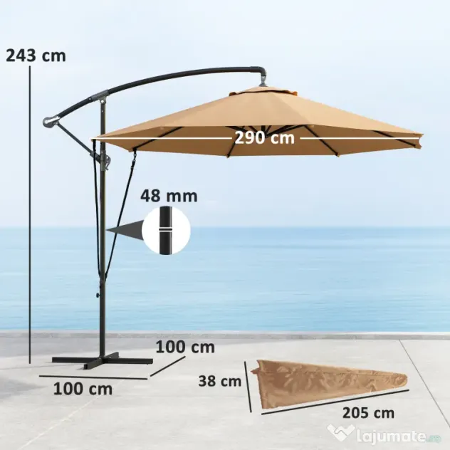 Outsunny Umbrelă de Soare cu Corzi Anti-Vânt, Orificii de Aerisire, Bază în Cruce și Manivelă, Φ290x243 cm, Gri | Aosom Romania