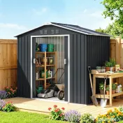 Outsunny Magazie de grădină metalică 2,77 m², 213 x 130 x 185 cm cu fundație, uși culisante, gri închis | Aosom Romania 