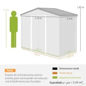 Outsunny Magazie de grădină metalică 2,77 m², 213 x 130 x 185 cm cu fundație, uși culisante, gri închis | Aosom Romania 