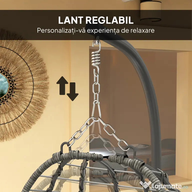 Outsunny Fotoliu Suspendat din Ratan cu Cârlig, Perne Căptușite și Tetieră, 122x104x188 cm, Gri Deschis | Aosom Romania