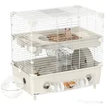 PawHut Cușcă pentru Hamsteri cu 2 Nivele și 3 Uși, cu Roată și Tuburi, din Oțel, PS și PP, 44.5x28x44 cm, Crem și Alb