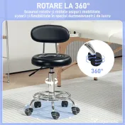 HOMCOM Scaun Rotativ Reglabil la 360°, Scaun Estetician cu Spătar, Roți și Suport pentru Picioare, din Oțel, Piele Sintetică, 32x40x70-86 cm, Negru | Aosom Romania 