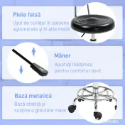 HOMCOM Scaun Rotativ Reglabil la 360°, Scaun Estetician cu Spătar, Roți și Suport pentru Picioare, din Oțel, Piele Sintetică, 32x40x70-86 cm, Negru | Aosom Romania 