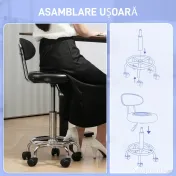 HOMCOM Scaun Rotativ Reglabil la 360°, Scaun Estetician cu Spătar, Roți și Suport pentru Picioare, din Oțel, Piele Sintetică, 32x40x70-86 cm, Negru | Aosom Romania 
