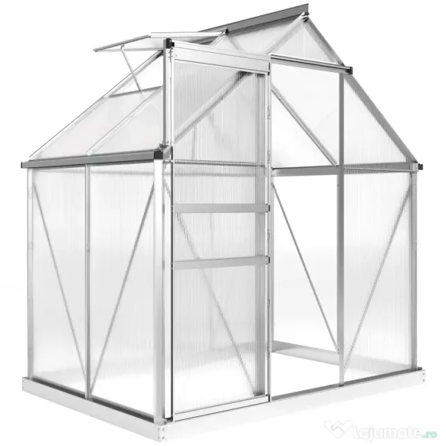 Outsunny Seră din Policarbonat și Aluminiu cu Ușă Glisantă și Fereastră Reglabilă, 192.5x131x200 cm, Argintiu | Aosom Romania