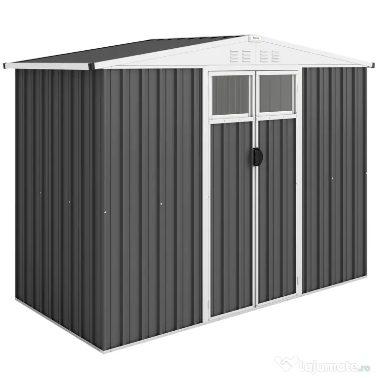 Outsunny Șopron de Grădină cu 4 Guri de Ventilație, 2 Ferestre și Acoperiș Înclinat, 246x117x161/180 cm, Gri Închis | Aosom Romania