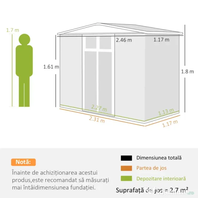 Outsunny Șopron de Grădină cu 4 Guri de Ventilație, 2 Ferestre și Acoperiș Înclinat, 246x117x161/180 cm, Gri Închis | Aosom Romania