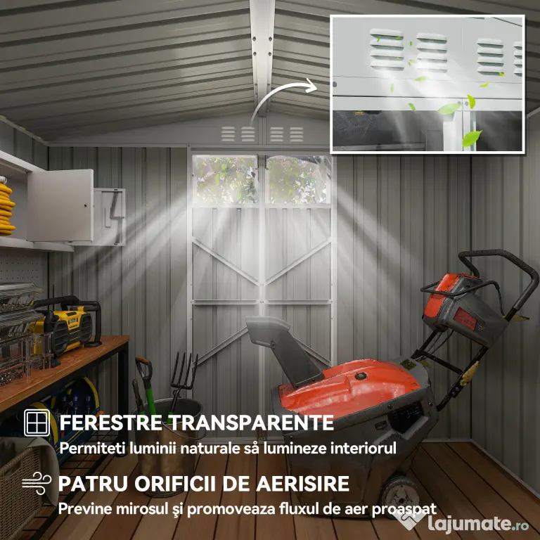 Outsunny Șopron de Grădină cu 4 Guri de Ventilație, 2 Ferestre și Acoperiș Înclinat, 246x117x161/180 cm, Gri Închis | Aosom Romania