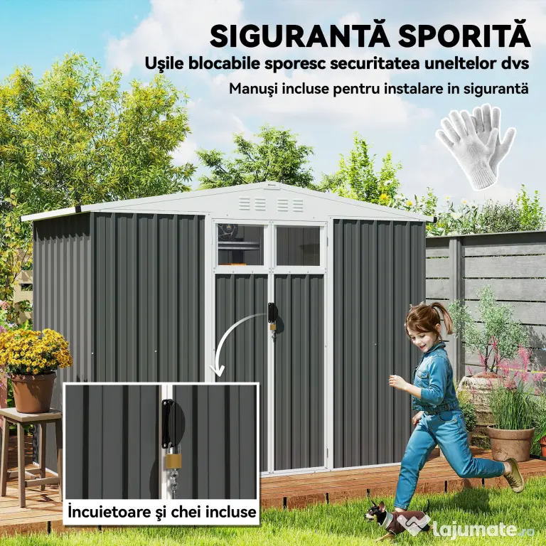 Outsunny Șopron de Grădină cu 4 Guri de Ventilație, 2 Ferestre și Acoperiș Înclinat, 246x117x161/180 cm, Gri Închis | Aosom Romania