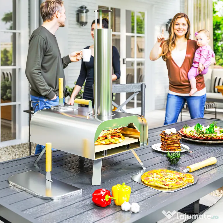 Outsunny Cuptor de Pizza cu Peleți din Lemn, Piatră Refractară și Lopată, 79x36x75 cm, Argintiu | Aosom Romania