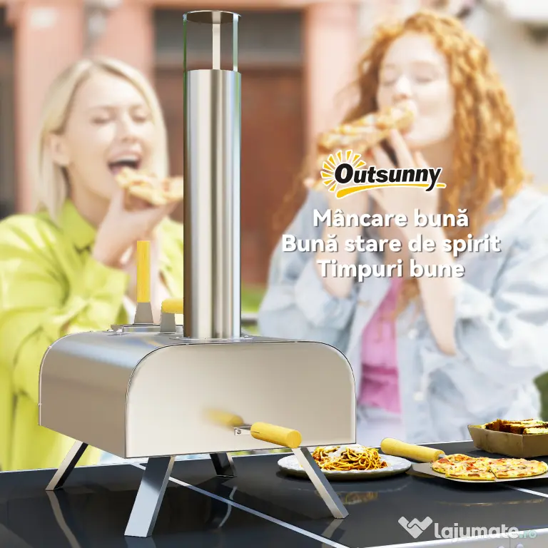 Outsunny Cuptor de Pizza cu Peleți din Lemn, Piatră Refractară și Lopată, 79x36x75 cm, Argintiu | Aosom Romania