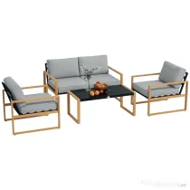 Set de Grădină Outsunny 4 Piese cu 2 Fotolii, Divan și Măsuță, din Aluminiu și Fibră, Gri și Culoare Lemn