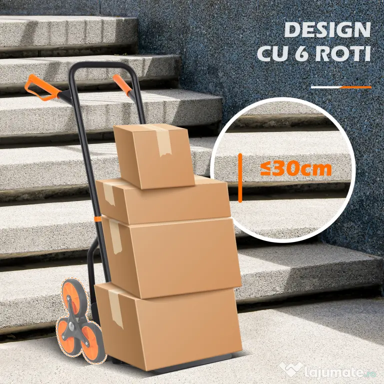 DURHAND Cărucior de Transport pentru Scări cu 6 Roți, Pliabil, Capacitate 120kg, Cadru din Oțel, Mâner PP, pentru Mutări, Grădinărit, Obiecte Grele, Portocaliu | Aosom Romania
