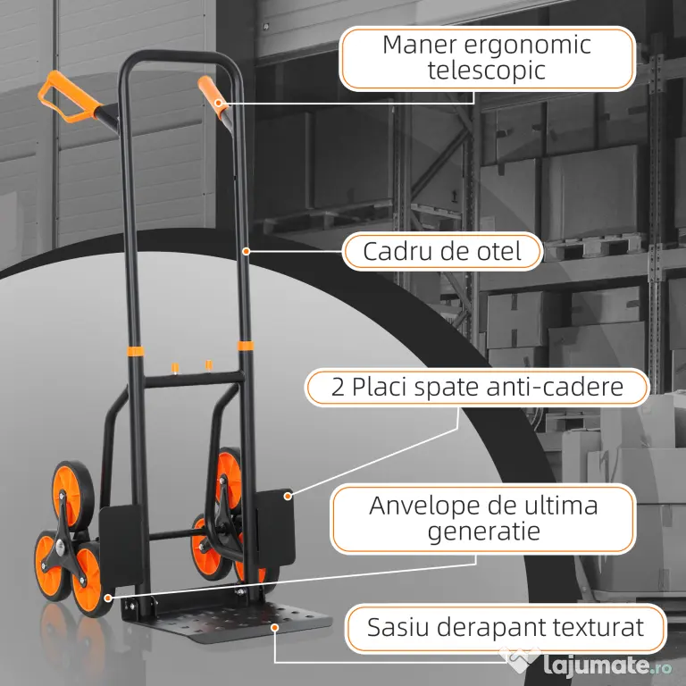 DURHAND Cărucior de Transport pentru Scări cu 6 Roți, Pliabil, Capacitate 120kg, Cadru din Oțel, Mâner PP, pentru Mutări, Grădinărit, Obiecte Grele, Portocaliu | Aosom Romania
