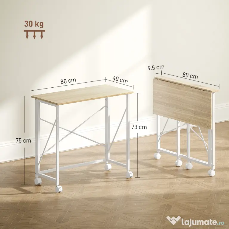 HOMCOM Masă pliabilă de 80 cm pe roți - Ton natural | Aosom Romania