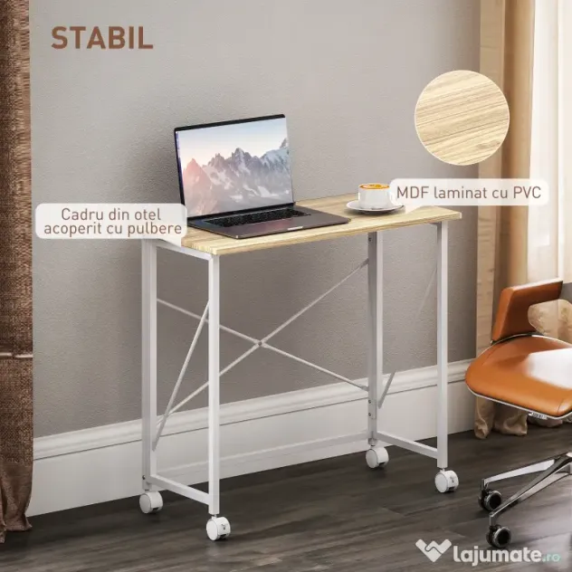 HOMCOM Masă pliabilă de 80 cm pe roți - Ton natural | Aosom Romania