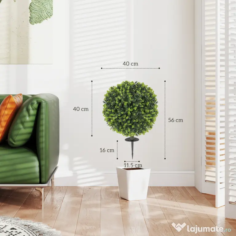 HOMCOM Set 2 Plante Artificiale de Buxus de 40 cm cu Tija Integrată pentru Interior și Exterior, Verde | Aosom Romania